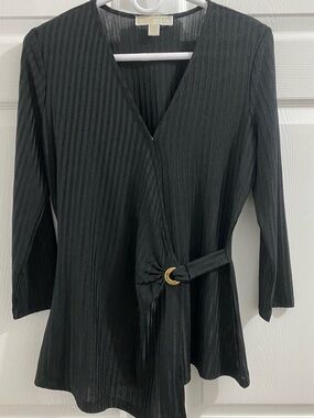 Michael Kors Black Ribbed Top with Gold Logo Trim